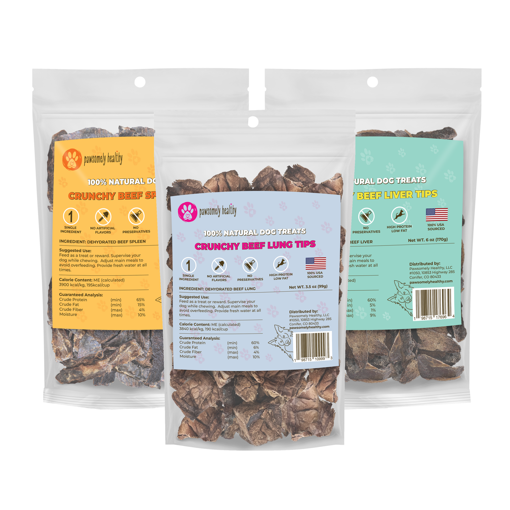 three bags of beef organ dog treats