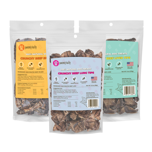 three bags of beef organ dog treats