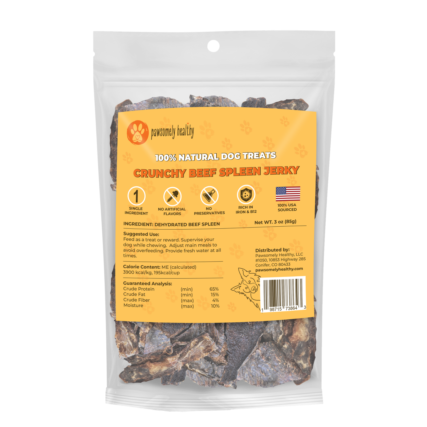 bag of crunchy beef spleen jerky treats