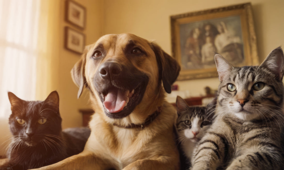 Happy dog and cats
