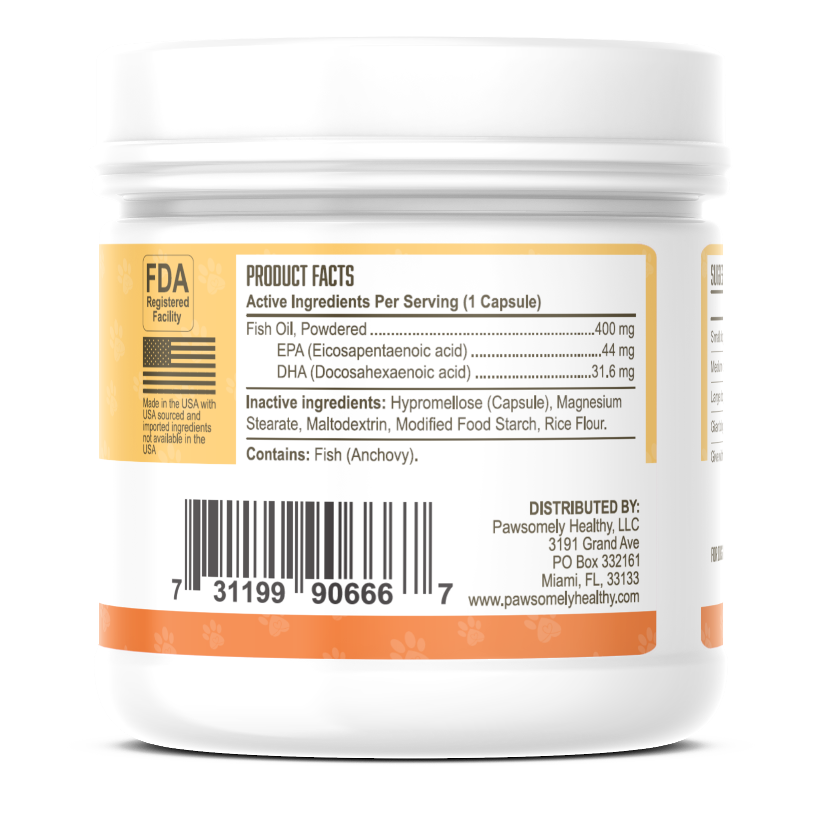 Label with ingredients for Pawsomely Healthy omega-3 dog supplement