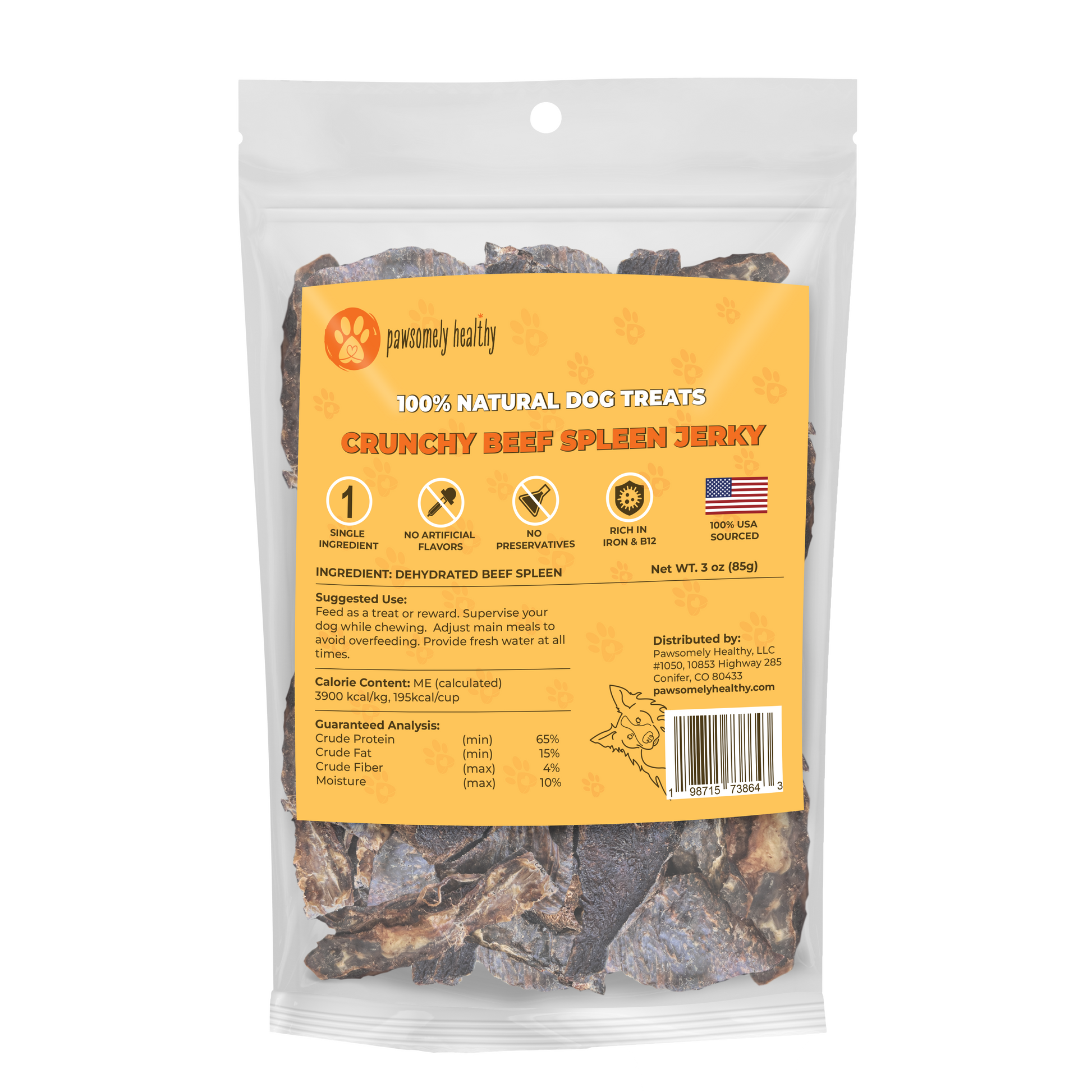 bag of crunchy beef spleen jerky treats