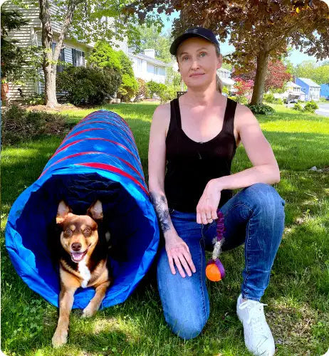 Blue inflatable dog tunnel with red stripes