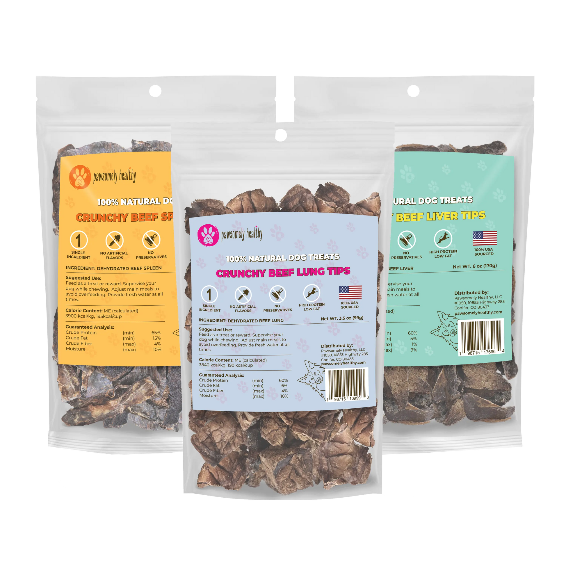 three bags of beef organ dog treats